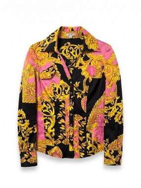 Y2K Cache Silk Satin Baroque Blouse Women’s M Pink Black Gold Snap Front